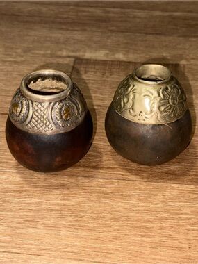 Vintage Argentina Yorba Mate Tea Matte Gourd - Silver And Gold - Pair